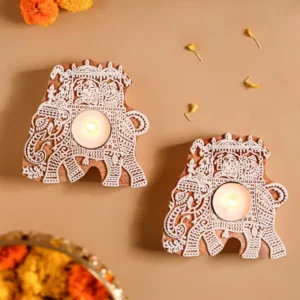 Jaipur Candles Wooden Tealight Holder (Elephant, Pack of 2)