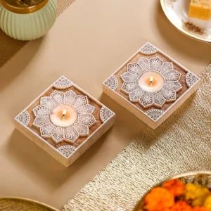Jaipur Candles Wooden Tealight Holder (Square Block, Pack of 2)