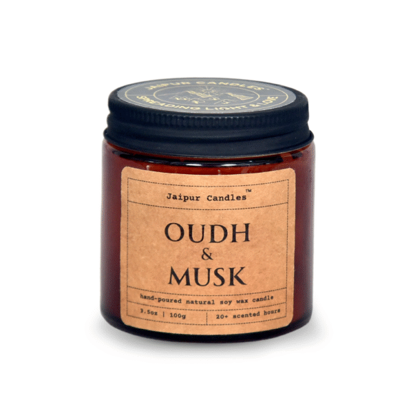 Jaipur Candles Aromatherapy Scented Candle | Oudh & Musk | 100% Natural Wax | 20+ Hours of Clean Burning | Smokeless & Non-Toxic Candles | 100gm