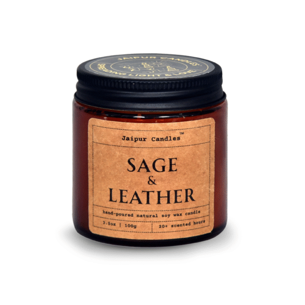 Jaipur Candles Aromatherapy Scented Candle | Sage & Leather | 100% Natural Wax | 20+ Hours of Clean Burning | Smokeless & Non-Toxic Candles | 100gm