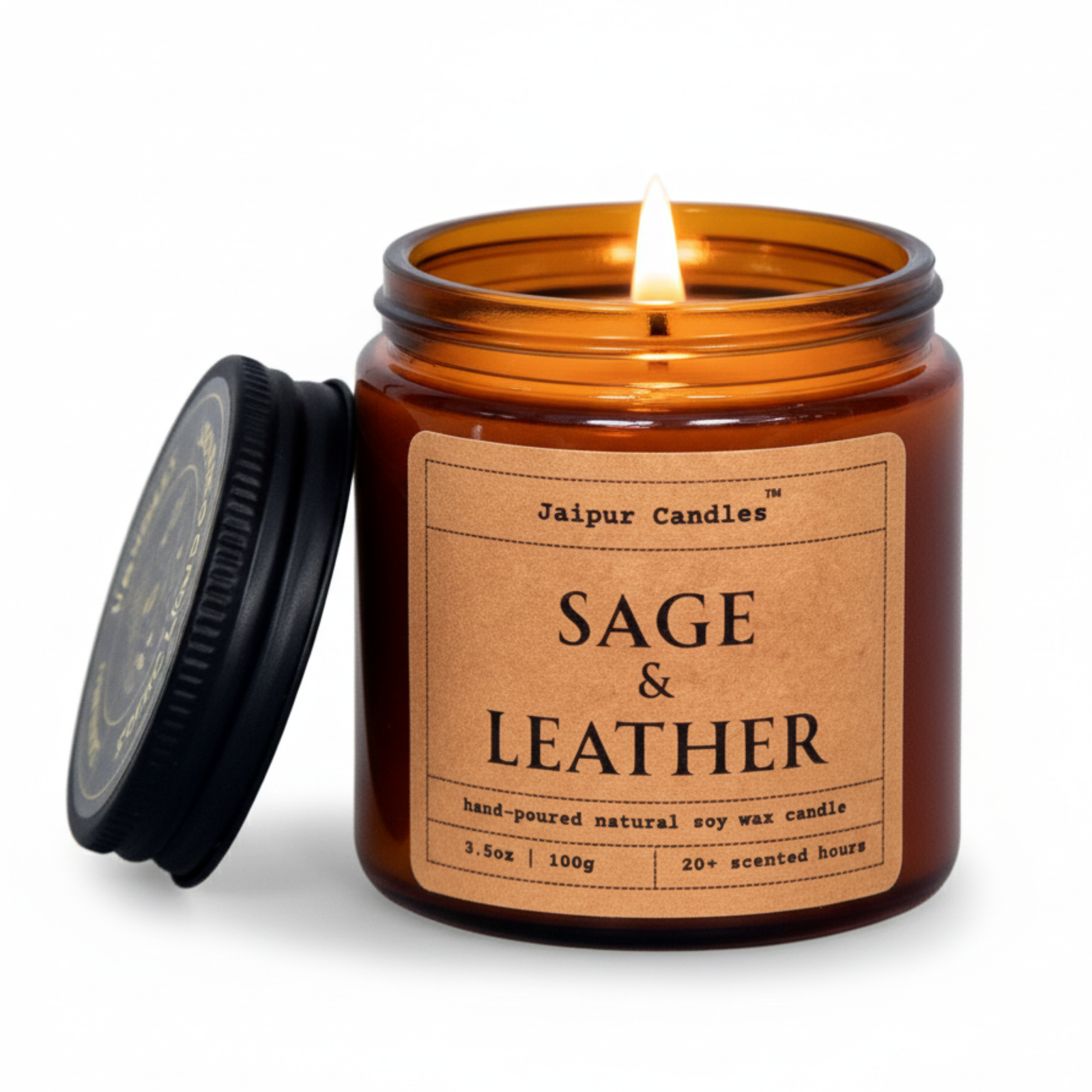Jaipur Candles Aromatherapy Scented Candle | Sage & Leather | 100% Natural Wax | 20+ Hours of Clean Burning | Smokeless & Non-Toxic Candles | 100gm