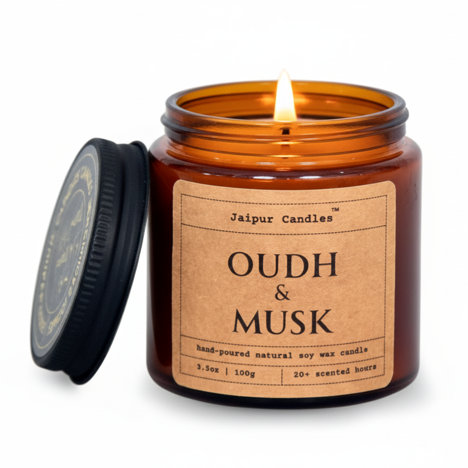 Jaipur Candles Aromatherapy Scented Candle | Oudh & Musk | 100% Natural Wax | 20+ Hours of Clean Burning | Smokeless & Non-Toxic Candles | 100gm
